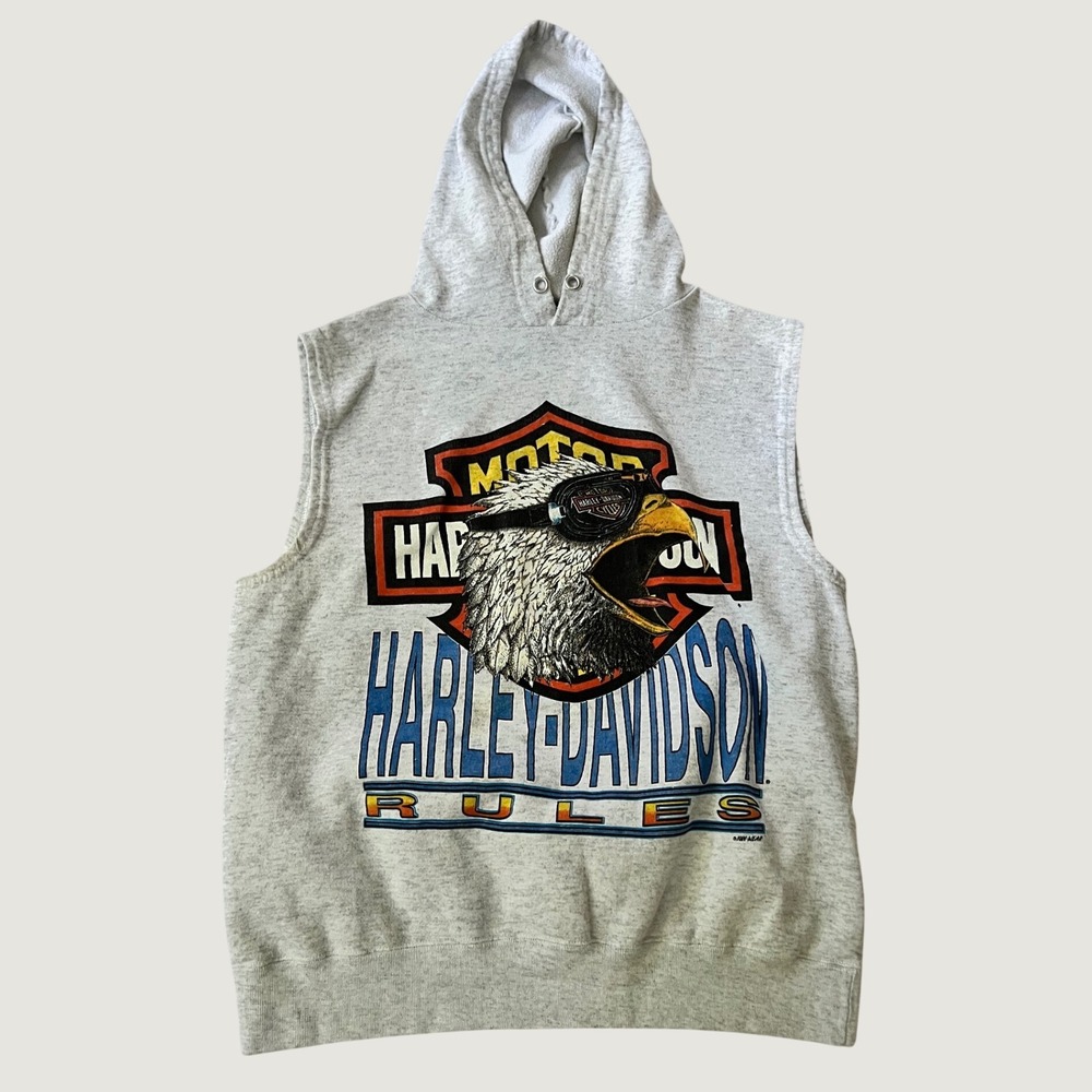 VTG Harley-Davidson Sleeveless Hoodie Grey Eagle Graphic Goggles L